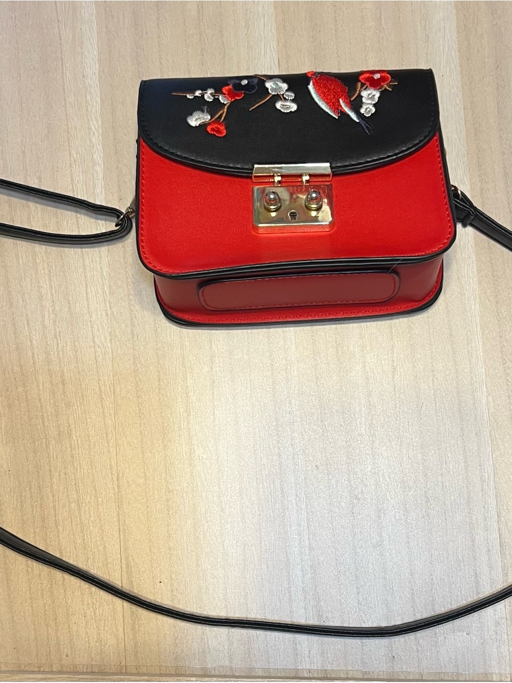 Red and Black Embroidered Crossbody Bag with Gold Lock